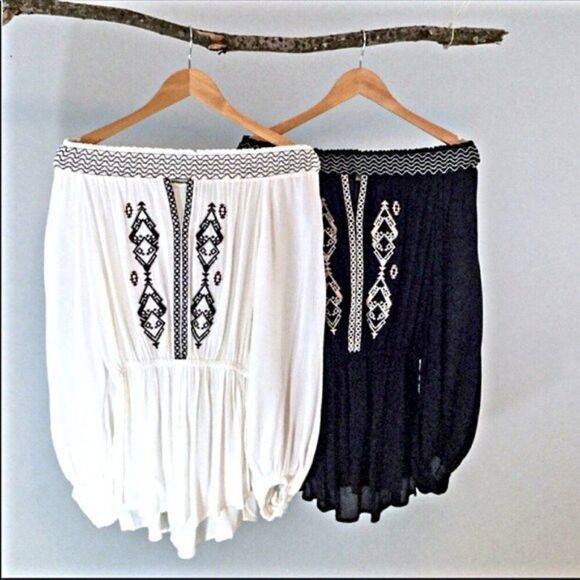 boho Off Shoulder Embroidered Blouse White & Black - Picture 2 of 10